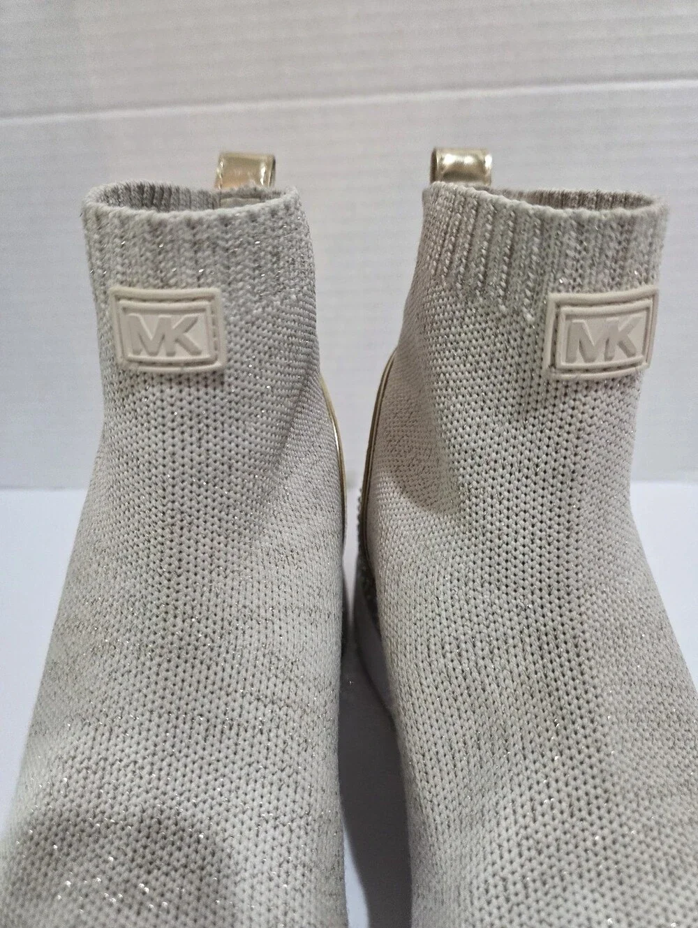 Michael Kors Cream Knit Slip-On Sneaker Boot with Gold Heel Size 8.